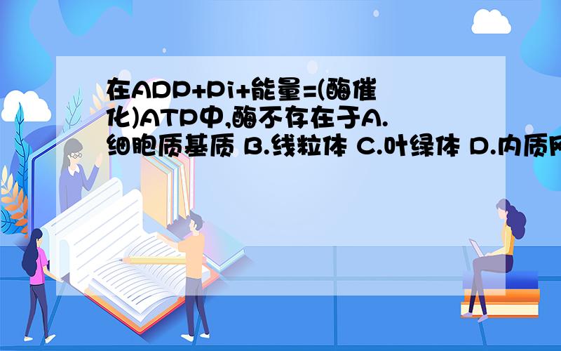 在ADP+Pi+能量=(酶催化)ATP中,酶不存在于A.细胞质基质 B.线粒体 C.叶绿体 D.内质网