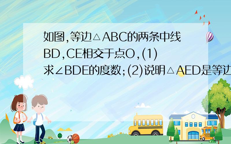 如图,等边△ABC的两条中线BD,CE相交于点O,(1)求∠BDE的度数;(2)说明△AED是等边三角形,△BED是等腰