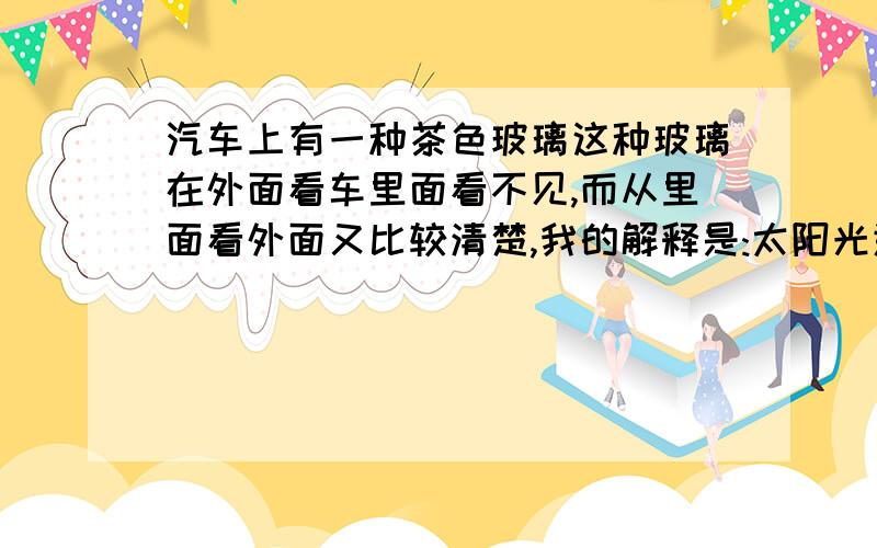 汽车上有一种茶色玻璃这种玻璃在外面看车里面看不见,而从里面看外面又比较清楚,我的解释是:太阳光进入车内时,透明体只能透过