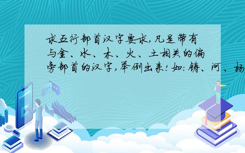 求五行部首汉字要求,凡是带有与金、水、木、火、土相关的偏旁部首的汉字,举例出来!如：铸、河、杨、燃、城……