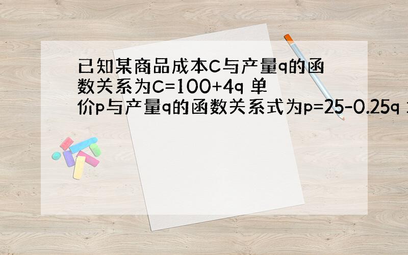 已知某商品成本C与产量q的函数关系为C=100+4q 单价p与产量q的函数关系式为p=25-0.25q 求