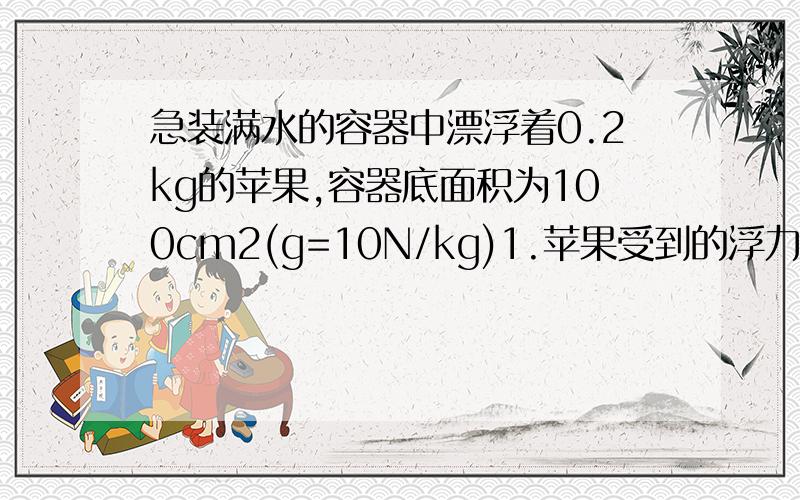 急装满水的容器中漂浮着0.2kg的苹果,容器底面积为100cm2(g=10N/kg)1.苹果受到的浮力大小2.苹果排开水