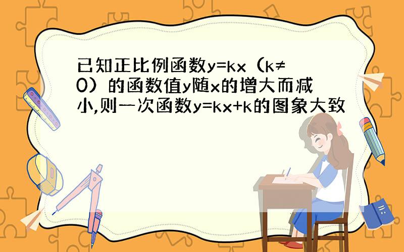 已知正比例函数y=kx（k≠0）的函数值y随x的增大而减小,则一次函数y=kx+k的图象大致