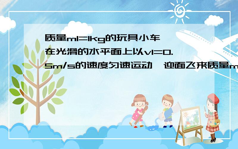 质量m1=1kg的玩具小车,在光滑的水平面上以v1=0.5m/s的速度匀速运动,迎面飞来质量m2=0.5kg速度v=0.