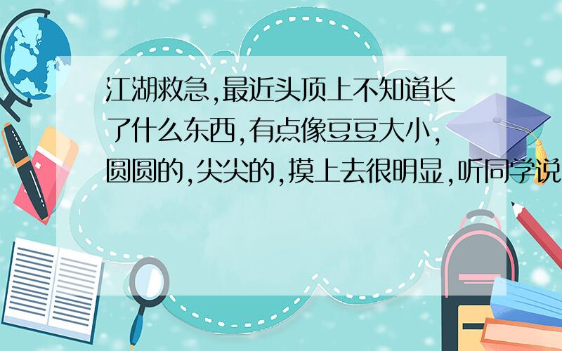 江湖救急,最近头顶上不知道长了什么东西,有点像豆豆大小,圆圆的,尖尖的,摸上去很明显,听同学说那不是豆豆.平时不怎么痛,