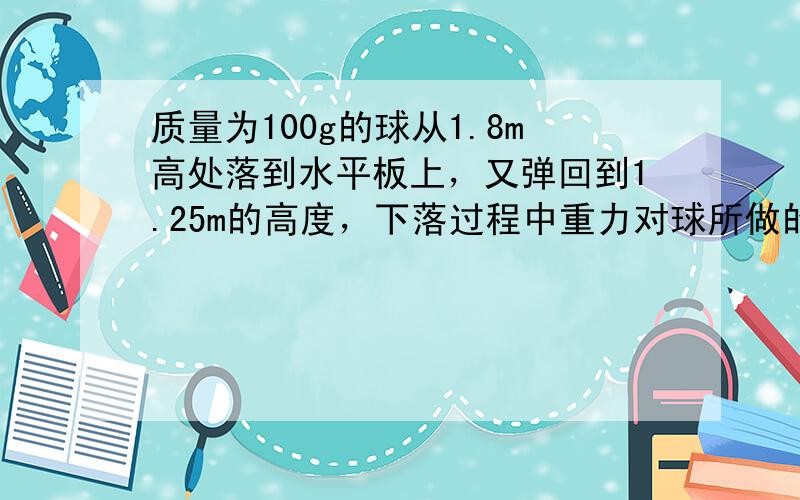 质量为100g的球从1.8m高处落到水平板上，又弹回到1.25m的高度，下落过程中重力对球所做的功为______&nbs