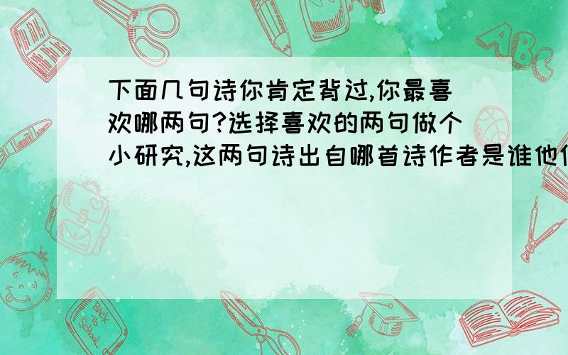 下面几句诗你肯定背过,你最喜欢哪两句?选择喜欢的两句做个小研究,这两句诗出自哪首诗作者是谁他们是