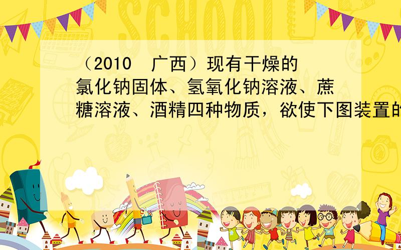 （2010•广西）现有干燥的氯化钠固体、氢氧化钠溶液、蔗糖溶液、酒精四种物质，欲使下图装置的灯泡发亮，应在容器中加入的一