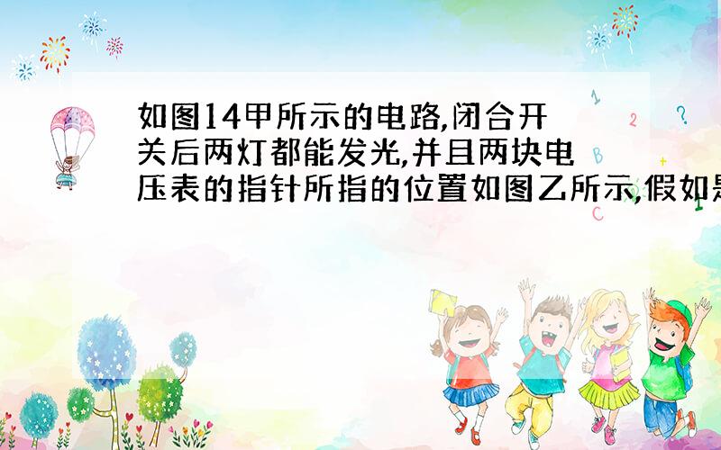 如图14甲所示的电路,闭合开关后两灯都能发光,并且两块电压表的指针所指的位置如图乙所示,假如是电路发生了故障,则是___