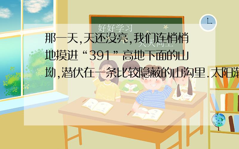 那一天,天还没亮,我们连悄悄地摸进“391”高地下面的山坳,潜伏在一条比较隐蔽的山沟里.太阳渐渐爬上山头.我发现前面六十