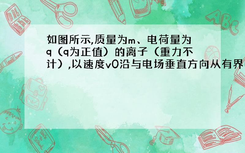 如图所示,质量为m、电荷量为q（q为正值）的离子（重力不计）,以速度v0沿与电场垂直方向从有界电场左侧的A