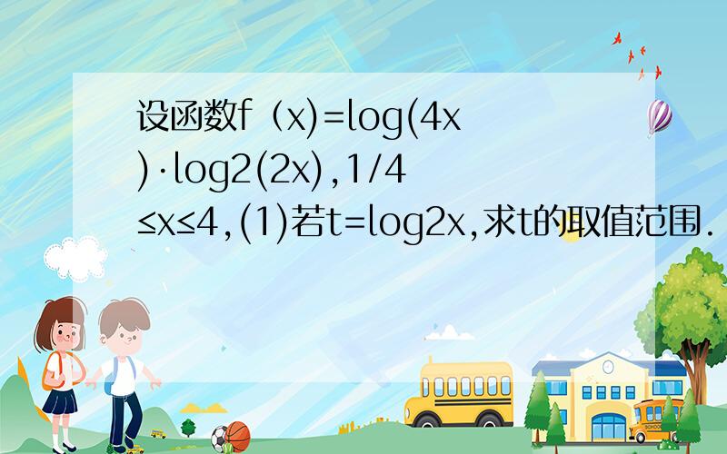 设函数f（x)=log(4x)·log2(2x),1/4≤x≤4,(1)若t=log2x,求t的取值范围.（2）求f(x