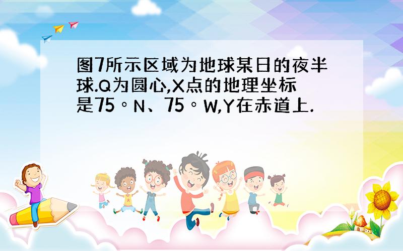 图7所示区域为地球某日的夜半球.Q为圆心,X点的地理坐标是75ºN、75ºW,Y在赤道上.