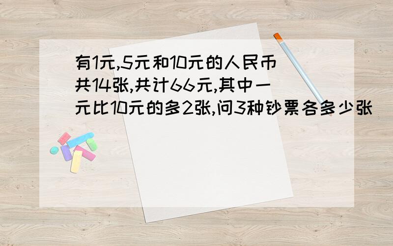 有1元,5元和10元的人民币共14张,共计66元,其中一元比10元的多2张,问3种钞票各多少张