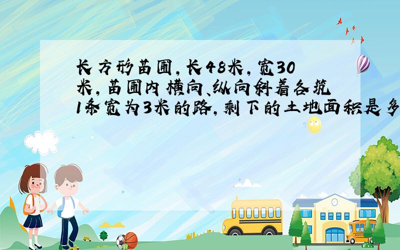 长方形苗圃,长48米,宽30米,苗圃内横向、纵向斜着各筑1条宽为3米的路,剩下的土地面积是多少平方米?