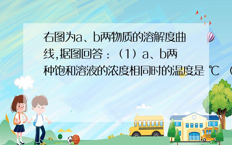 右图为a、b两物质的溶解度曲线,据图回答：（1）a、b两种饱和溶液的浓度相同时的温度是 ℃ （2）要从b物质