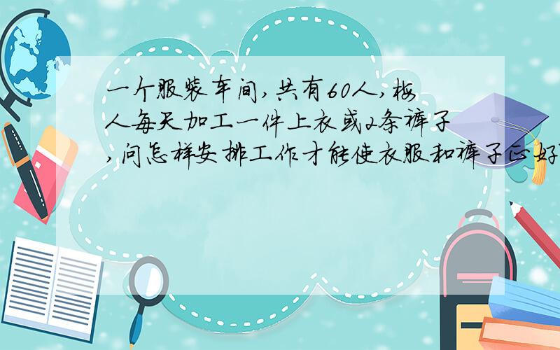 一个服装车间,共有60人,梅人每天加工一件上衣或2条裤子,问怎样安排工作才能使衣服和裤子正好配套?