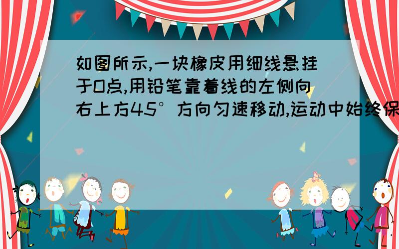 如图所示,一块橡皮用细线悬挂于O点,用铅笔靠着线的左侧向右上方45°方向匀速移动,运动中始终保持悬线竖直,则橡皮运动