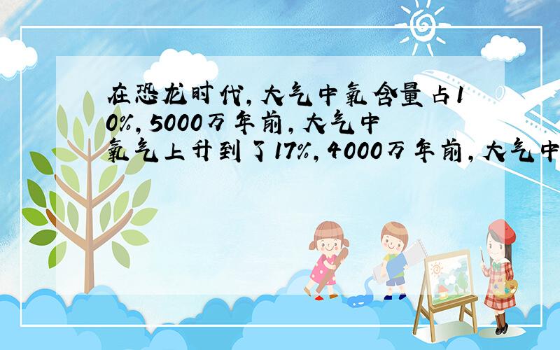 在恐龙时代,大气中氧含量占10%,5000万年前,大气中氧气上升到了17%,4000万年前,大气中氧含量到达了23%,目