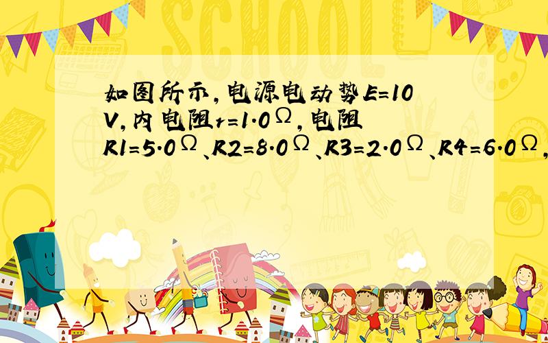 如图所示，电源电动势E=10V，内电阻r=1.0Ω，电阻R1=5.0Ω、R2=8.0Ω、R3=2.0Ω、R4=6.0Ω，