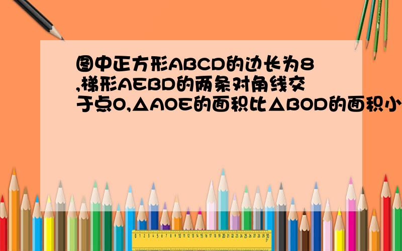 图中正方形ABCD的边长为8,梯形AEBD的两条对角线交于点O,△AOE的面积比△BOD的面积小20,则AE:BD