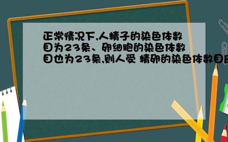 正常情况下,人精子的染色体数目为23条、卵细胞的染色体数目也为23条,则人受 精卵的染色体数目应为