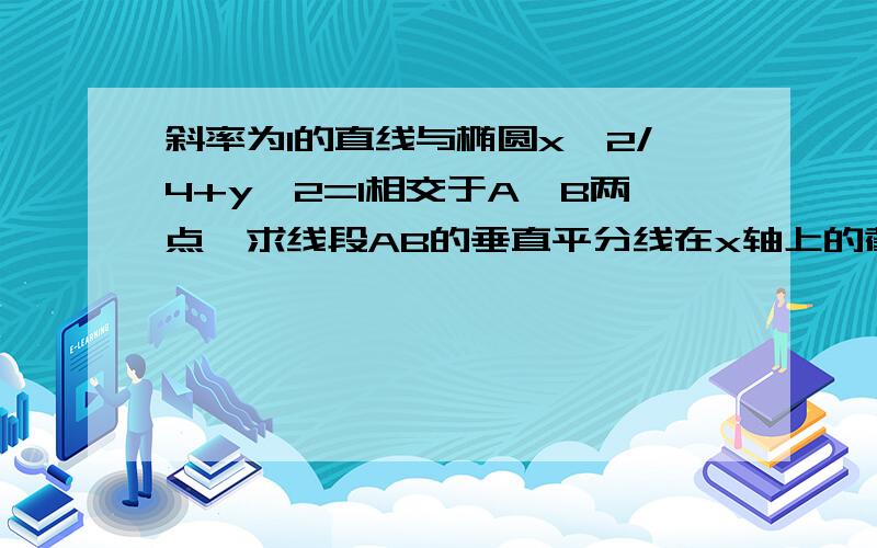 斜率为1的直线与椭圆x^2/4+y^2=1相交于A、B两点,求线段AB的垂直平分线在x轴上的截距的取值范围