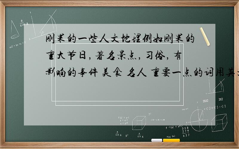 刚果的一些人文地理例如刚果的重大节日，著名景点，习俗，有影响的事件 美食 名人 重要一点的词用英文翻译一下！！！谢谢啦，