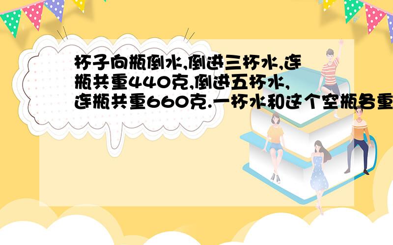 杯子向瓶倒水,倒进三杯水,连瓶共重440克,倒进五杯水,连瓶共重660克.一杯水和这个空瓶各重多少克?