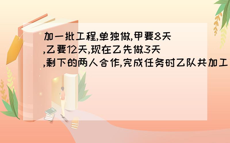 加一批工程,单独做,甲要8天,乙要12天,现在乙先做3天,剩下的两人合作,完成任务时乙队共加工了多少天