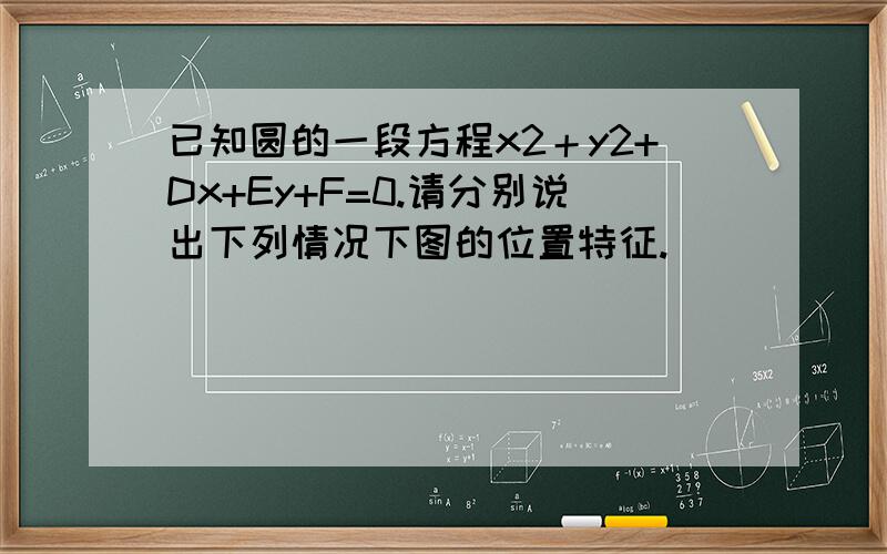 已知圆的一段方程x2＋y2+Dx+Ey+F=0.请分别说出下列情况下图的位置特征.