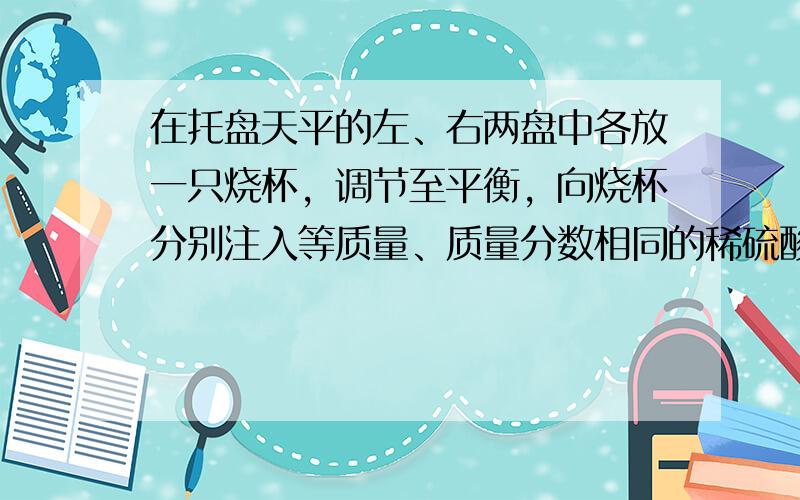 在托盘天平的左、右两盘中各放一只烧杯，调节至平衡，向烧杯分别注入等质量、质量分数相同的稀硫酸，然后向两只烧杯中分别加入相