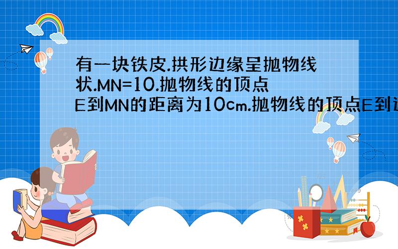 有一块铁皮.拱形边缘呈抛物线状.MN=10.抛物线的顶点E到MN的距离为10cm.抛物线的顶点E到边MN的距离为10.