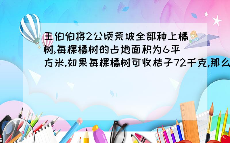 王伯伯将2公顷荒坡全部种上橘树,每棵橘树的占地面积为6平方米.如果每棵橘树可收桔子72千克,那么这些橘