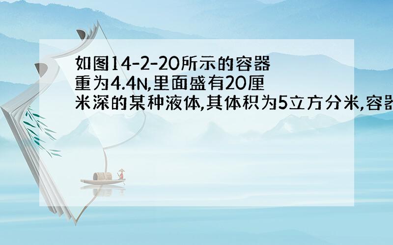 如图14-2-20所示的容器重为4.4N,里面盛有20厘米深的某种液体,其体积为5立方分米,容器底部受到液体的压