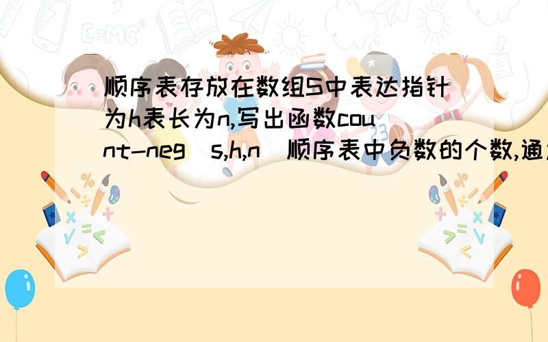 顺序表存放在数组S中表达指针为h表长为n,写出函数count-neg（s,h,n）顺序表中负数的个数,通过函数的返