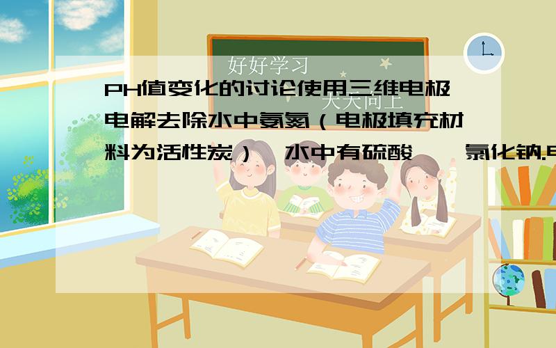 PH值变化的讨论使用三维电极电解去除水中氨氮（电极填充材料为活性炭）,水中有硫酸铵、氯化钠.电流2A,初始PH经调解为7