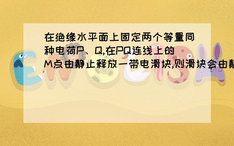 在绝缘水平面上固定两个等量同种电荷P、Q,在PQ连线上的M点由静止释放一带电滑块,则滑块会由静止开始一直向右运动到PQ连