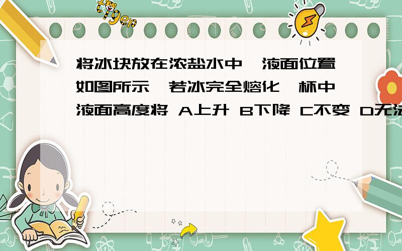 将冰块放在浓盐水中,液面位置如图所示,若冰完全熔化,杯中液面高度将 A上升 B下降 C不变 D无法确定