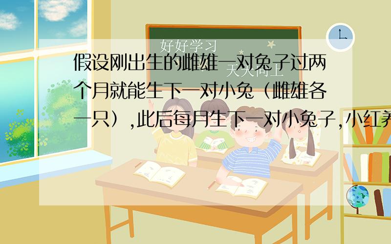 假设刚出生的雌雄一对兔子过两个月就能生下一对小兔（雌雄各一只）,此后每月生下一对小兔子,小红养了刚出生的一对小兔子,满一