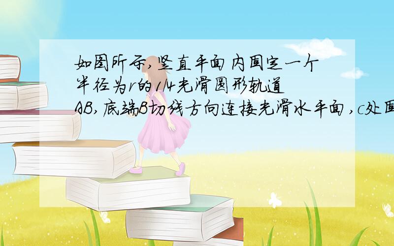 如图所示,竖直平面内固定一个半径为r的1/4光滑圆形轨道AB,底端B切线方向连接光滑水平面,c处固定竖直挡板,bc间的水