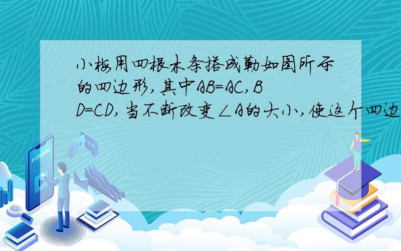 小梅用四根木条搭成勒如图所示的四边形,其中AB=AC,BD=CD,当不断改变∠A的大小,使这个四边形状发生变化