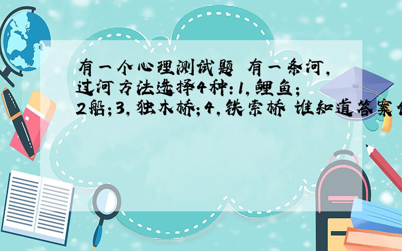 有一个心理测试题 有一条河,过河方法选择4种：1,鲤鱼；2船；3,独木桥；4,铁索桥 谁知道答案代表什么啊?