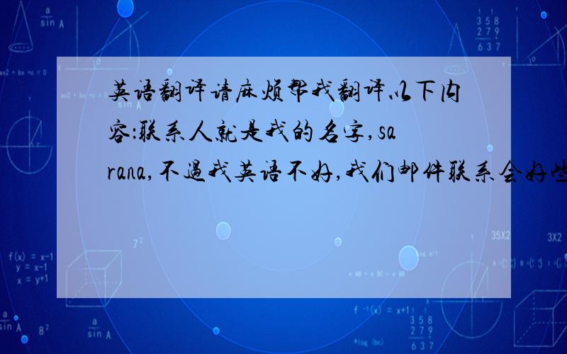 英语翻译请麻烦帮我翻译以下内容：联系人就是我的名字,sarana,不过我英语不好,我们邮件联系会好些,这样就尽可能的避免