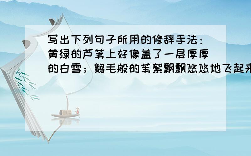 写出下列句子所用的修辞手法：黄绿的芦苇上好像盖了一层厚厚的白雪；鹅毛般的苇絮飘飘悠悠地飞起来