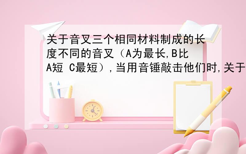 关于音叉三个相同材料制成的长度不同的音叉（A为最长,B比A短 C最短）,当用音锤敲击他们时,关于他们发出的声音的说法中正