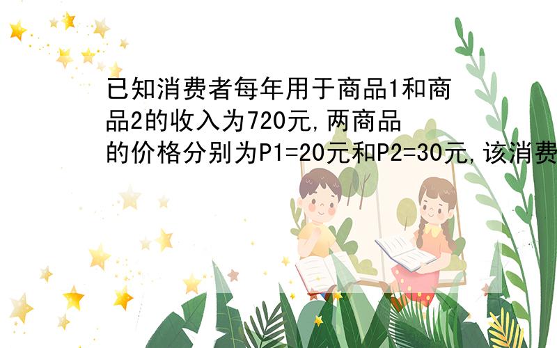 已知消费者每年用于商品1和商品2的收入为720元,两商品的价格分别为P1=20元和P2=30元,该消费者的效用函数为 ,