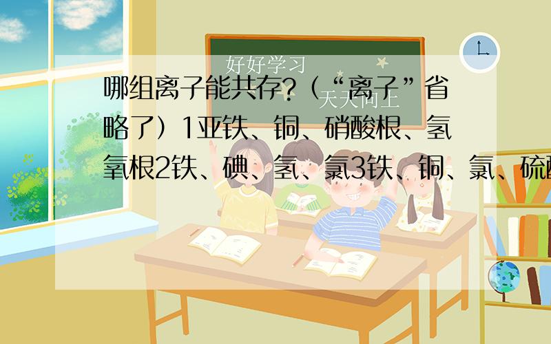 哪组离子能共存?（“离子”省略了）1亚铁、铜、硝酸根、氢氧根2铁、碘、氢、氯3铁、铜、氯、硫酸根4氢、偏铝酸、铁、硫酸根