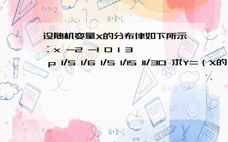 设随机变量X的分布律如下所示：x -2 -1 0 1 3 p 1/5 1/6 1/5 1/15 11/30 求Y=（X的