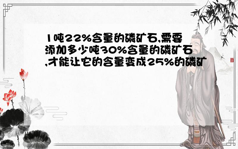 1吨22%含量的磷矿石,需要添加多少吨30%含量的磷矿石,才能让它的含量变成25%的磷矿